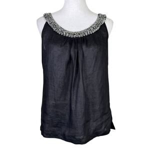 Worth Black Linen Silver Metal Beaded Embellished Sleeveless Top Tank Blouse